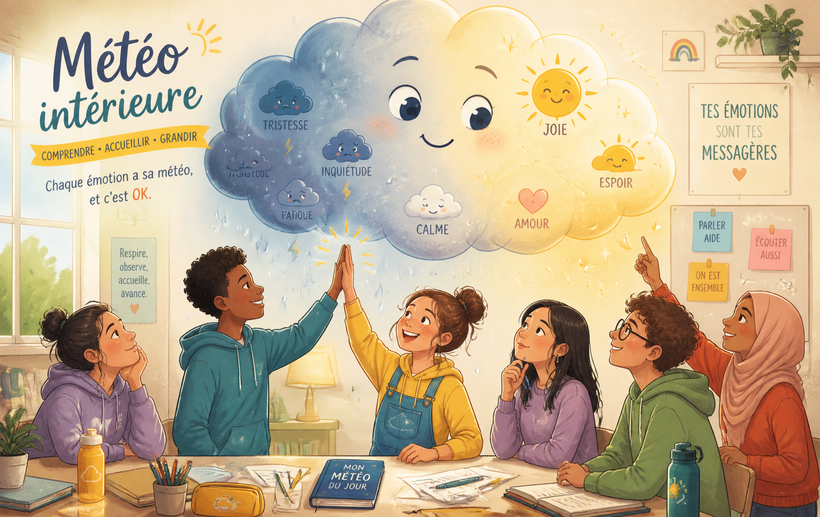 Illustration de la mission Météo intérieure : un groupe de jeunes découvre un nuage expressif symbolisant les émotions dans une salle de classe chaleureuse.