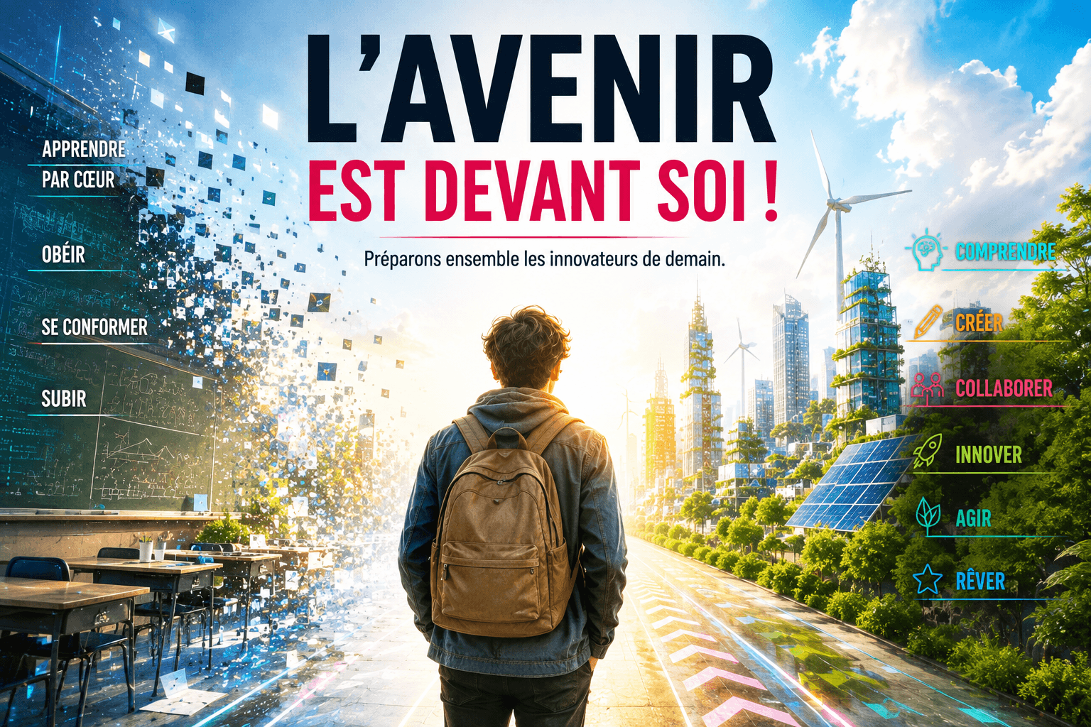Transition entre une classe traditionnelle et un espace d’apprentissage collaboratif contemporain.