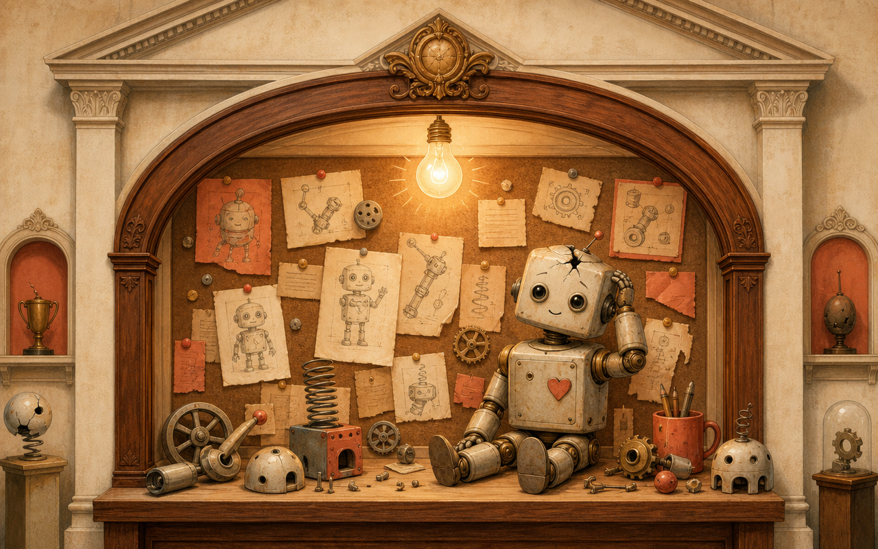 Illustration de la mission Le Musée des erreurs : un robot bienveillant entouré de croquis et de prototypes dans un cadre de musée vintage.
