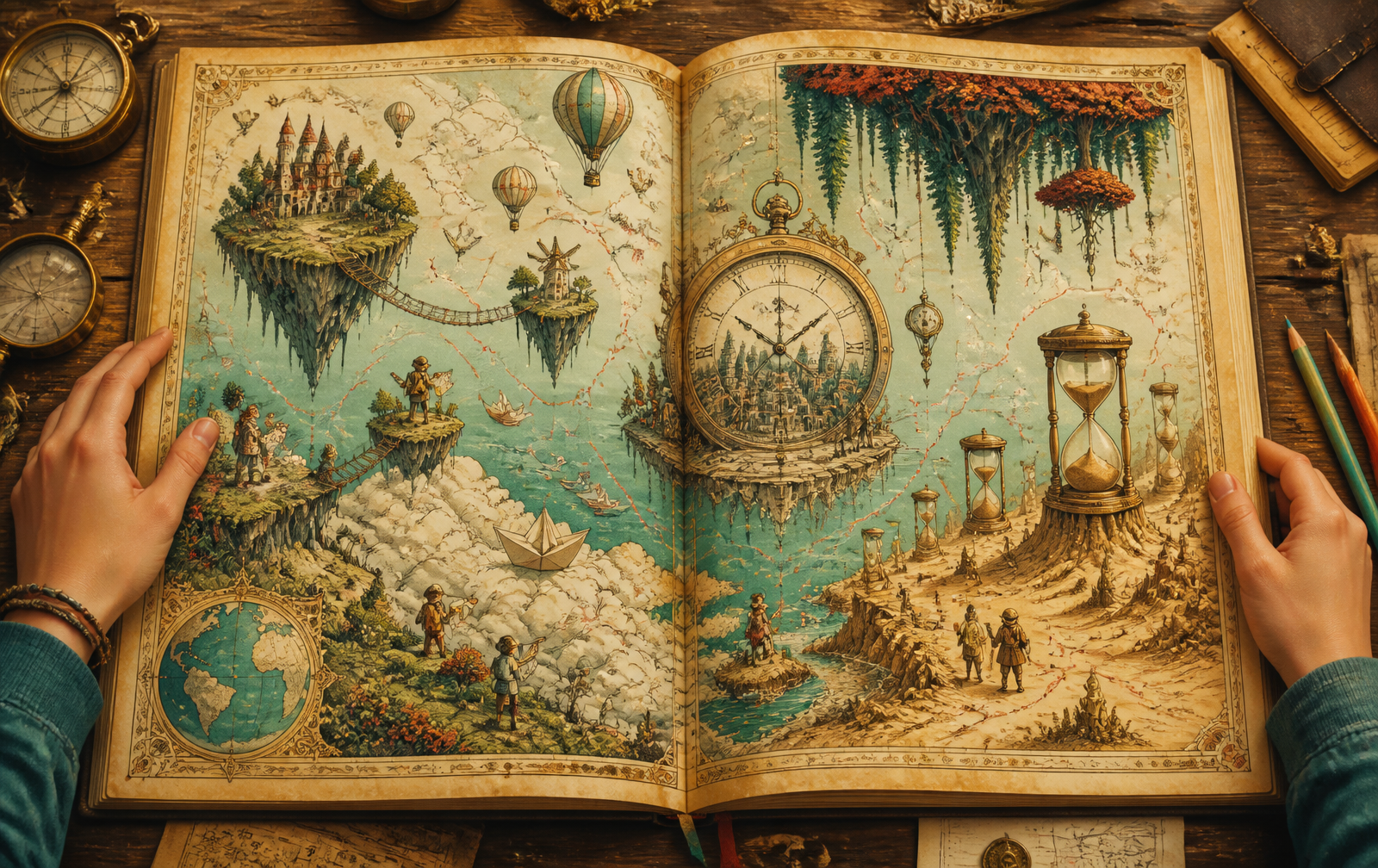 Illustration de la mission L'Atlas des mondes impossibles : un atlas ouvert sur des territoires fantastiques avec îles flottantes, cités d'horloges et déserts d'ombres.