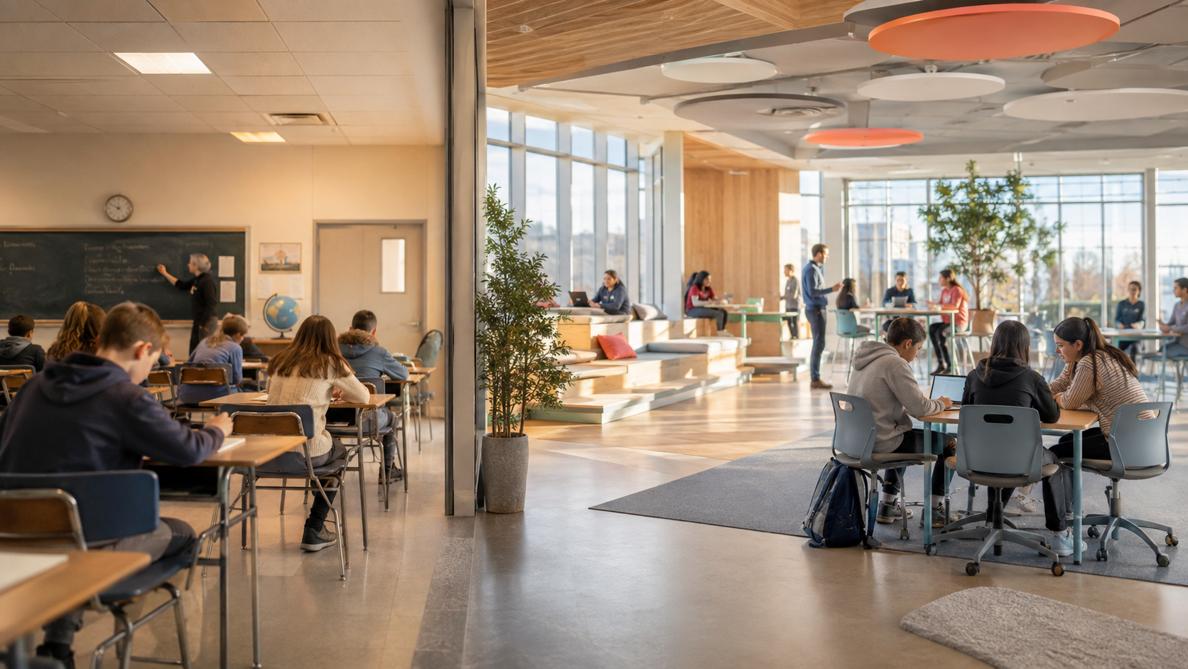 Transition entre une classe traditionnelle et un espace d’apprentissage collaboratif contemporain.